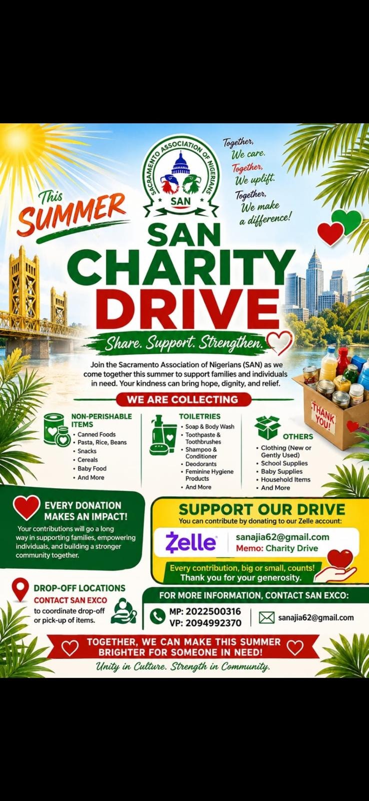 SAN Summer Charity Drive flyer